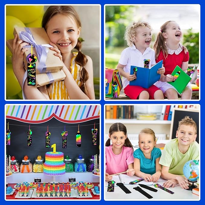 JUNEBRUSHS 30Pcs Welcome Back to School Scratch Bookmarks, Rainbow Magic Scratch Paper Art Back to School DIY Craft Kit First Day of School Gifts for Students Classroom Activity Party Favors