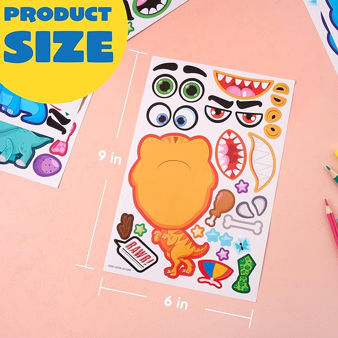 JOYIN 24PCS 9"x6" Make a face Stickers for Kids, Make Your Own Dinosaur Stickers, Animal Party Favors Kids Crafts, Goodie Bags Stuffers, Classroom Rewards