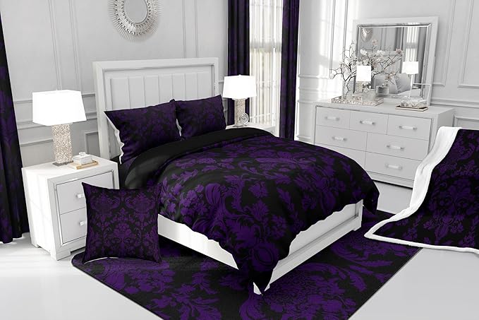 Feelyou Purple Black Vintage Damask Floral Duvet Cover Set Gothic Bohemia Floral Bedding Set Queen Size for Kids Boys Girls Oriental Antique Comforter Cover Luxury Flower Quilt Cover,No Comforter