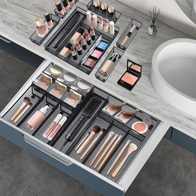 Neudeco Drawer Organizer Set 6 Pack - 5-Compartment Silverware Organizer Tray + 5 Utensil Trays, Kitchen Drawer Organizer for Flatware, Cutlery, Office Supplies, Black Mesh, Non-Slip.