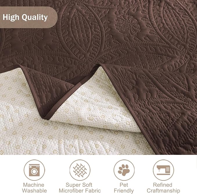 Soft Couch Cover with Pockets for Extra-Large Sofa, Medallion Quilted Design Couch Covers for 3 Cushion Sofa, Oversized Sofa Covers Washable Water-Repellent (X-Large Sofa 78", Chocolate)