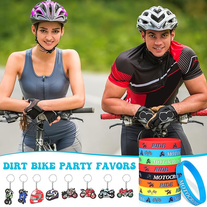 Aoriher 48 Pcs Dirt Bike Party Favors 24 Motocross Rubber Bracelets Wristbands 24 Motorcycle Keychains Birthday Goodie Bag Fillers Classroom Rewards for Kids Boys Girls 2025 Happy New Year Gifts