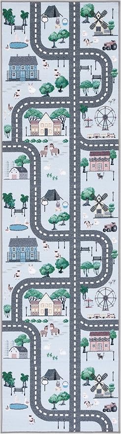 SAFAVIEH Kids Playhouse Collection Runner Rug - 2'2" x 8', Blue & Dark Grey, Non-Shedding Machine Washable & Slip Resistant Ideal for High Traffic Areas for Boys & Girls in Playroom (KPH235M)