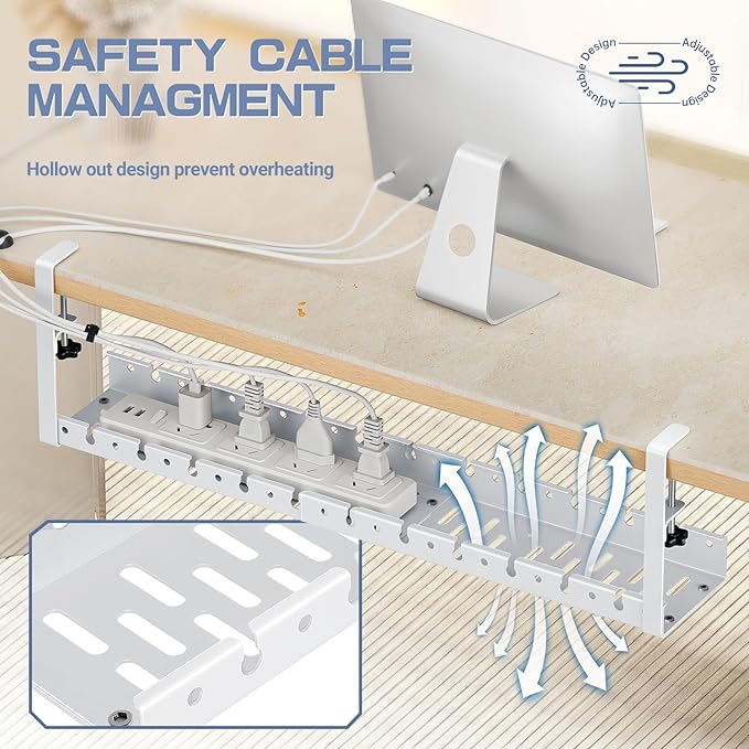 Shikha Under Desk Cable Tray, 15.7"-30.7" Retractable Under Desk Cable Management, No Drilling Cord Organizer with Clamp, Wire Management for Home Office -White