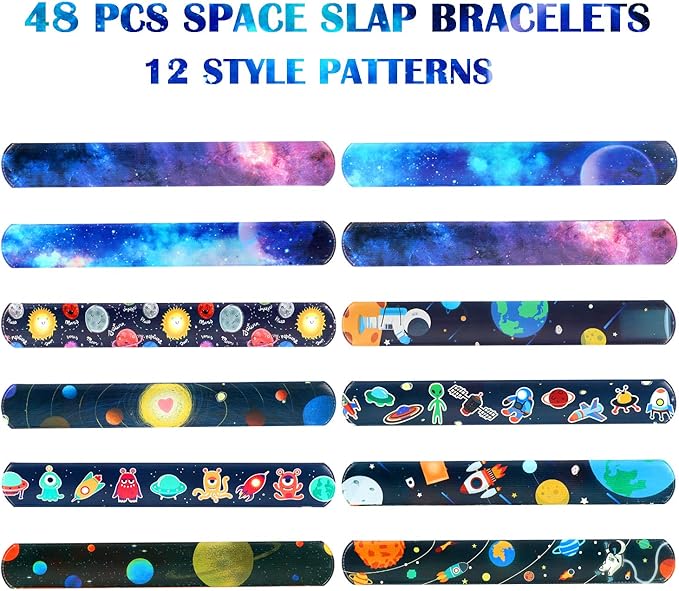 Lorfancy 48 Pcs Space Slap Bracelets Space Toys with Planet Design Kids Bracelets Snap Bands Class Prize Outer Space Party Decorations Favors