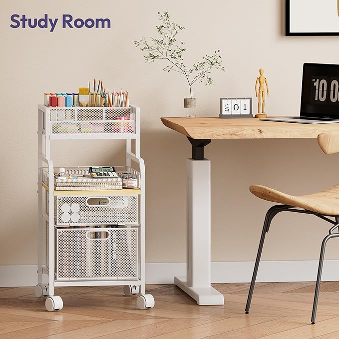 SWTYMIKI Rolling Cart with Drawers - Metal Utility Cart with Wood Shelf, DIY Divider and Locking Wheels, Craft & Art Cart Organizer for Under Desk Storage for Home Office Studio, White
