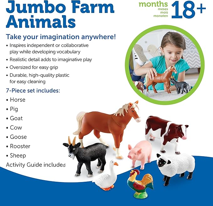 Learning Resources Jumbo Farm Animals, Animal Toy Set for Toddlers, 7 Pieces, Ages 18 Mos+