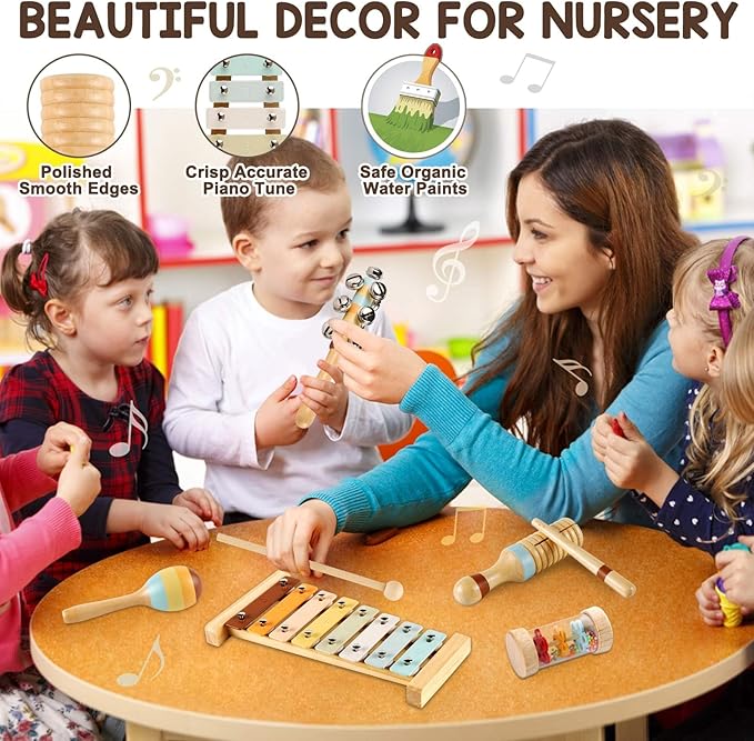 LOOIKOOS Baby Musical Instruments for Kids Montessori Music Toys for Toddlers 1-3,Neutral Colors Wooden Percussion Instruments Set with Modern Boho Xylophone for Kid Preschool Educational 3+