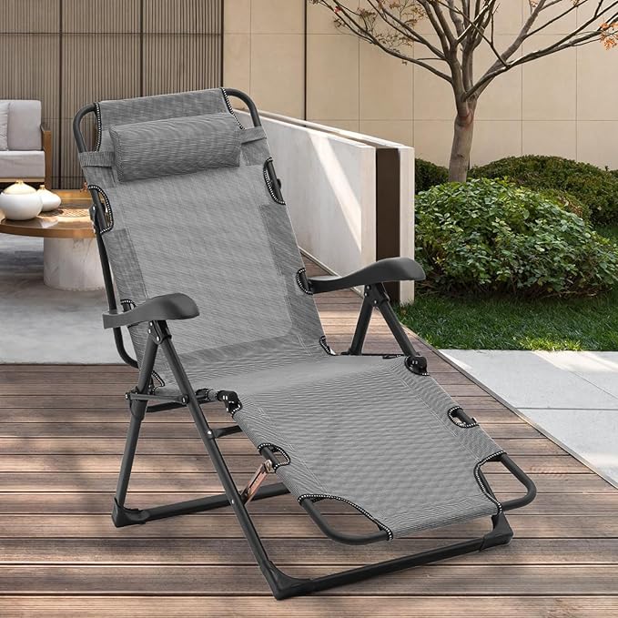 Athena Collection Zero Gravity Outdoor Lounge Chair Recliner, 27" Width Reclining Pool Lounge Lawn Chairs with Headrest and Curved Armrest, Outdoor Chaise for Beach Patio Backyard Outside, Grey