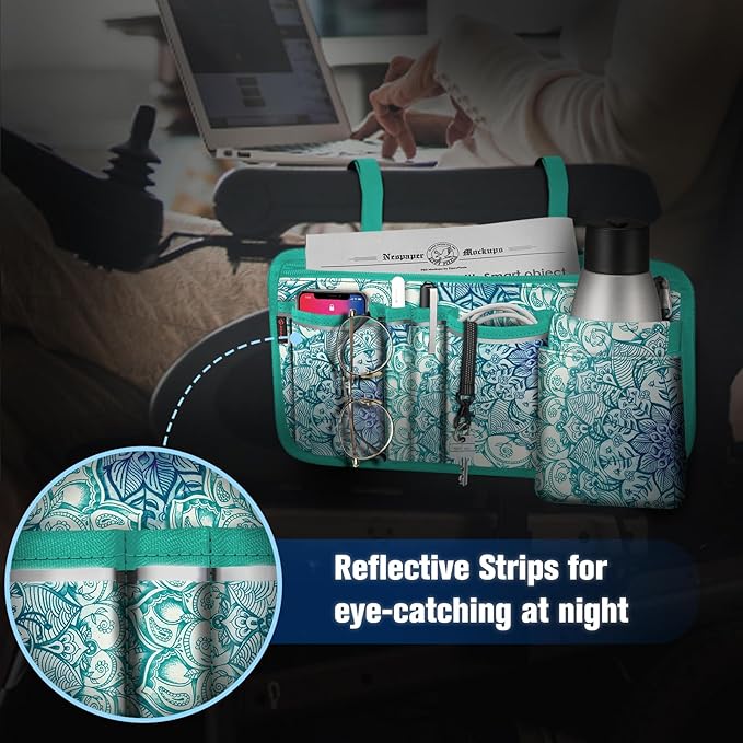 FINPAC Wheelchair Side Storage Bag w/Cup Holder, Wheelchair Armrest Accessories Pouch with Pen Slot and Reflective Strips for Power Walkers, Rollators, Seniors - Emerald Illusions