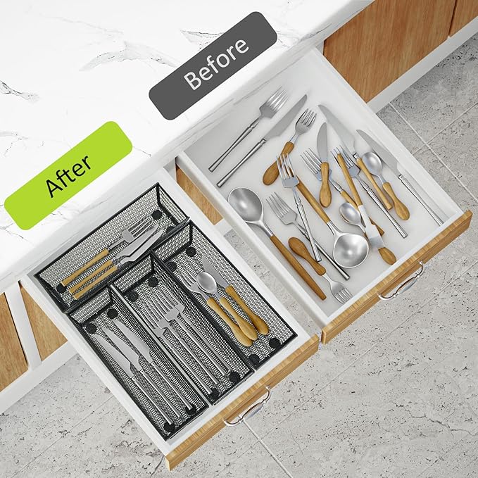 Neudeco Drawer Organizer Set 5 Pack - 4-Compartment Silverware Organizer Tray + 4 Utensil Trays, Kitchen Drawer Organizer for Flatware, Cutlery, Office Supplies, Black Mesh, Non-Slip.