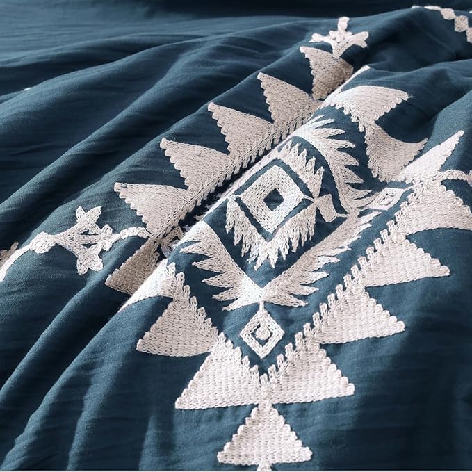 MaiRêve Embroidery Full Size Comforter Set Navy Blue, Farmhouse Western Boho Bedding Set 7 Pieces, All Season Bed in A Bag Comforter Set with Sheets, Pillowcases & Shams