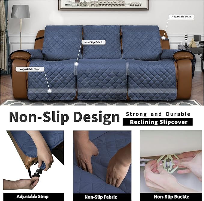 Easy-Going Oversized Recliner Sofa Cover, Reversible Couch Cover for 3 Seat Recliner, Split Sofa Cover for Each Seat with Elastic Straps for Kids, Dogs, Pets (3 Seater, Dark Blue/Dark Blue)