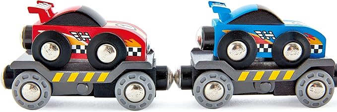 Hape Race Car Transporter | Six-Piece Wooden Toy Train Car Transport Set for Kids