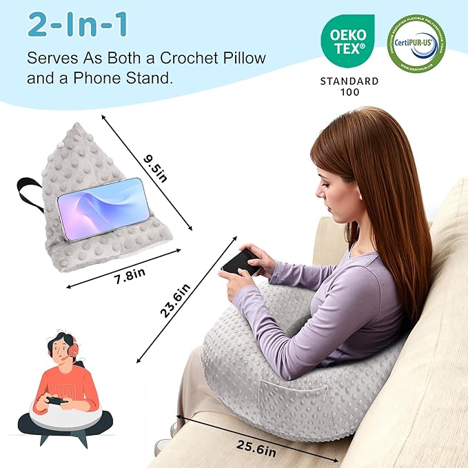 Crochet Lap Support Pillow - Multi-Purpose Reading Pillow for Gaming/Working/Nursing, with Removable Extra Back Pillow for Lumbar & Back Support, Enlarged U-Shape Gaming Lap Pillow, Grey