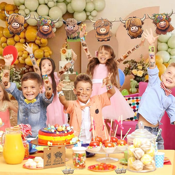 Highland Cow Party Favors Highland Cow Theme Slap Bracelets Key Chains Badges Temporary Tattoo Stickers Gift Bags for Kids Highland Cattle Farm Animal Birthday Party Supplies Baby Shower