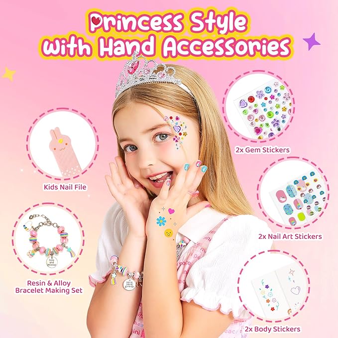 Kids Makeup Kit for Girls, Real Washable Cosmetic Set with Mirror, Jewelry Bracelet Making Kit for Kids Makeup Toy, Kids Makeup Sets for Girls 4 5 6 7 8 9 10 11 12 Years Old Kid (Pink)