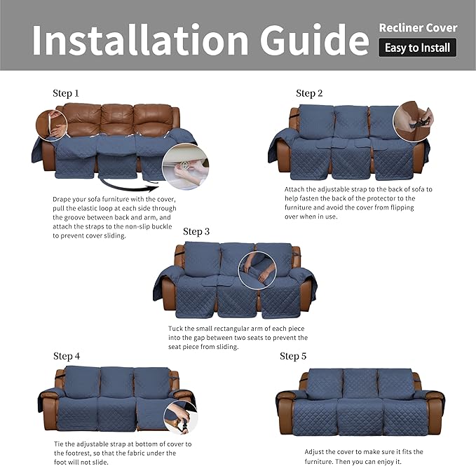 Easy-Going Oversized Recliner Sofa Cover, Reversible Couch Cover for 3 Seat Recliner, Split Sofa Cover for Each Seat with Elastic Straps for Kids, Dogs, Pets (3 Seater, Dark Blue/Dark Blue)