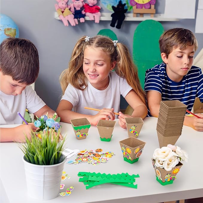 Ayfjovs Garden Paper Pot Craft Kit, 30 Pack Square Paper Peat Pots with 120 PCS Adhesive Foam Stickers and 30 PCS Plastic Plant Labels for Kids Science, Classroom Decoration
