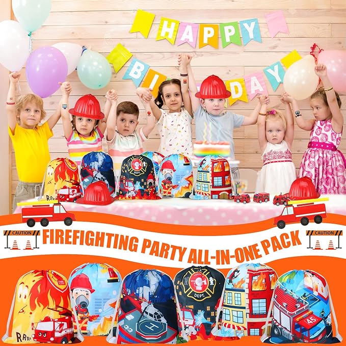 Leitee 60Pcs Firefighter Party Favors Fire Truck Birthday Party Supplies Decorations Including Fire Truck Toy Kids Boys Helmets Tattoo Wristband Drawstring Bag Silicone Bracelet for Fireman Party Gift