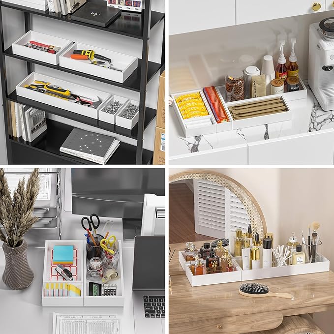 Lixple Bamboo Drawer Organizer, Extra Large Silverware Organizer for Kitchen Drawer, Stackable Utensil Organizer, 2 Pcs Toilet Tank Topper Tray, Wooden Toilet Paper Basket (White, 17 X 6 X 2 Inch)