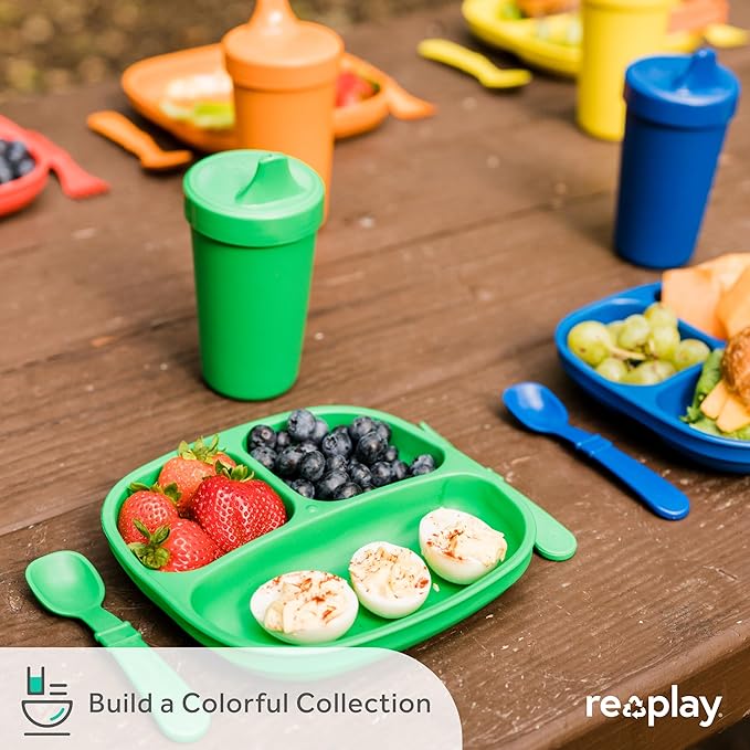 Re-Play Made in USA 7" Deep Walled Divided Plates for Kids, Set of 3 - Reusable 3 Compartment Plates, Dishwasher and Microwave Safe - 7.37" x 7.37" x 1.25", Aqua Asst