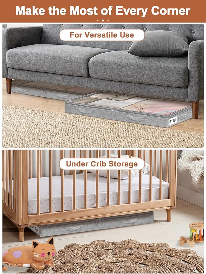 3 Inch Low Profile Under Bed Storage Bins with NO STURCTURE Design, Shallow Clothes Storage Bags with Clear Lids & Waterproof Fabric - Fits Under Sofa, Couch, Dorm, or College Beds,40x20x3inch,Grey