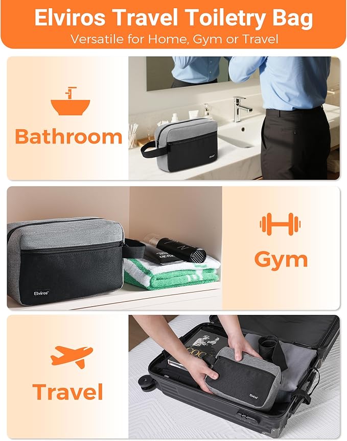 Elviros Travel Toiletry Bag for Men Hanging Toiletries Dopp Kit Small Bathroom Hygiene Tool and Medicine bag for Traveling Essential Shaving Pouch,Gifts for Men(Grey&Black)