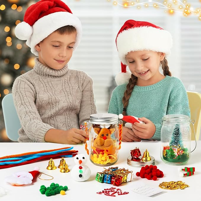 Christmas Craft Kits for Kids, 4PCS Christmas Mason Jar Kit with Accessories for Kids DIY Christmas Craft Supplies, Christmas Art & Craft Kits Xmas Activities Party Favor Gifts for Kids Aged 3-12