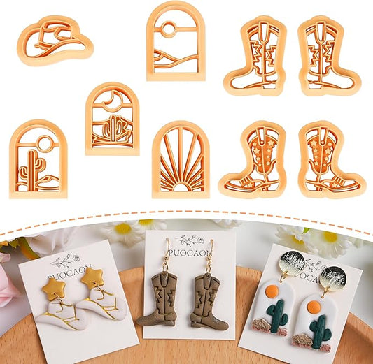 Puocaon Western Polymer Clay Cutters - 9 Pcs Clay Cutters for Earrings Making, Cowboy Hat Boot Clay Cutters Set, Rising Sun Clay Jewelry Cutters, Desert Scene Polymer Clay Cutters for Jewelry Making