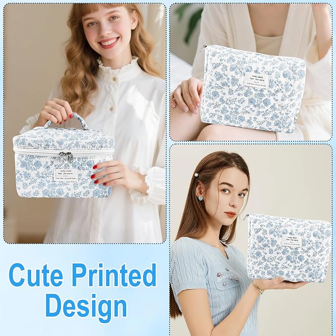 URSKYTOUS 2Pcs Cotton Quilted Makeup Bag for Women Extra Large Small Travel Cosmetic Bag Set Cute Blue Floral Print Makeup Pouch Portable Toiletry Bag Organizer Coquette Vintage Puffy Travel Essential