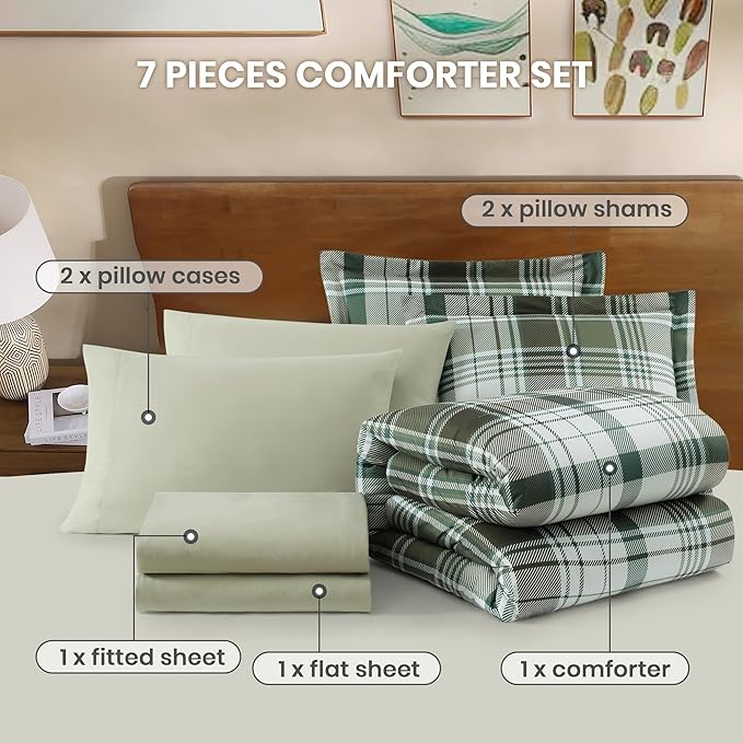 MaiRêve Plaid Queen Comforter Sets Olive Green, Classic Farmhouse Bedding Set Bed in a Bag 7 Pieces, Lightweight All Season Comforter Set with Fitted & Flat Sheet, Pillowcases & Shams