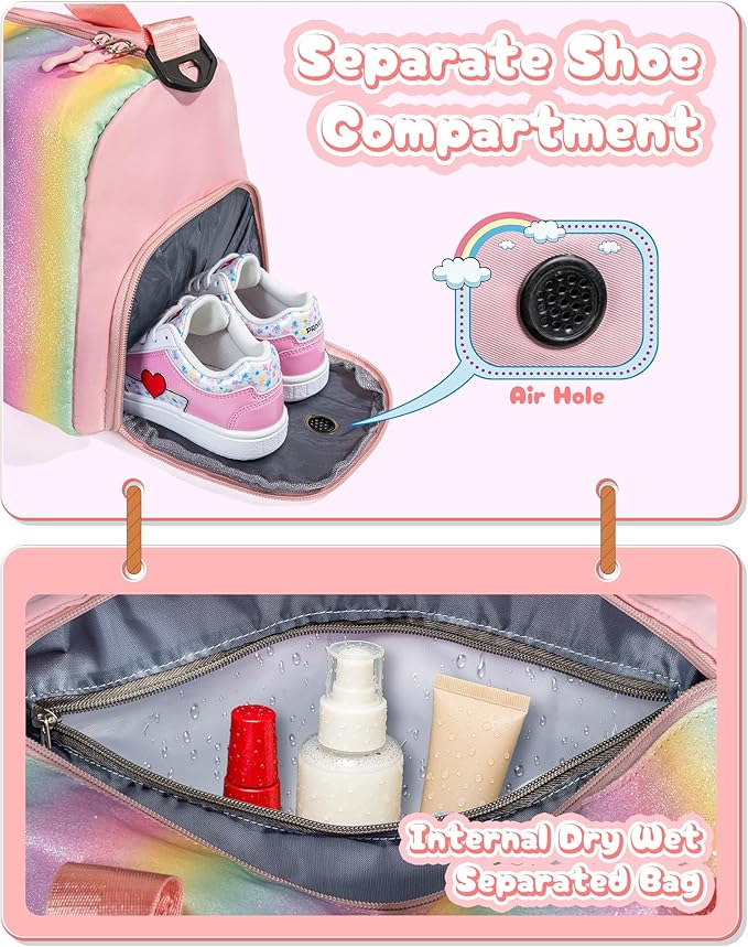 Gifts for Girls-Girl Gym Bag with Shoe Compartment, Kid Personalized Weekender Overnight Bags, Initial Travel Tote with Makeup Pouch, Gift for 3 4 5 6 7 Year Old Kids (Letter T)