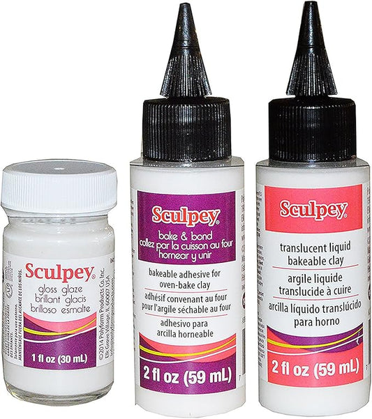 Sculpey Artist Set: 1 Fl Oz Gloss Glaze, 2 Fl Oz Bake and Bond Bakeable Adhesive for Oven-Bake Clay, 2 Fl Oz Translucent Liquid Bakeable Clay - Pack of 3