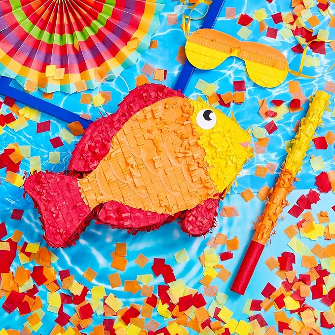 Lewtemi 16.5 in Fish Piñata and Piñata Stick with Blindfold Confetti Set Kids Pinata Fish Party Decorations Gender Reveal Piñata for Kids Baby Shower Christmas Birthday Ocean Themed Party Decorations