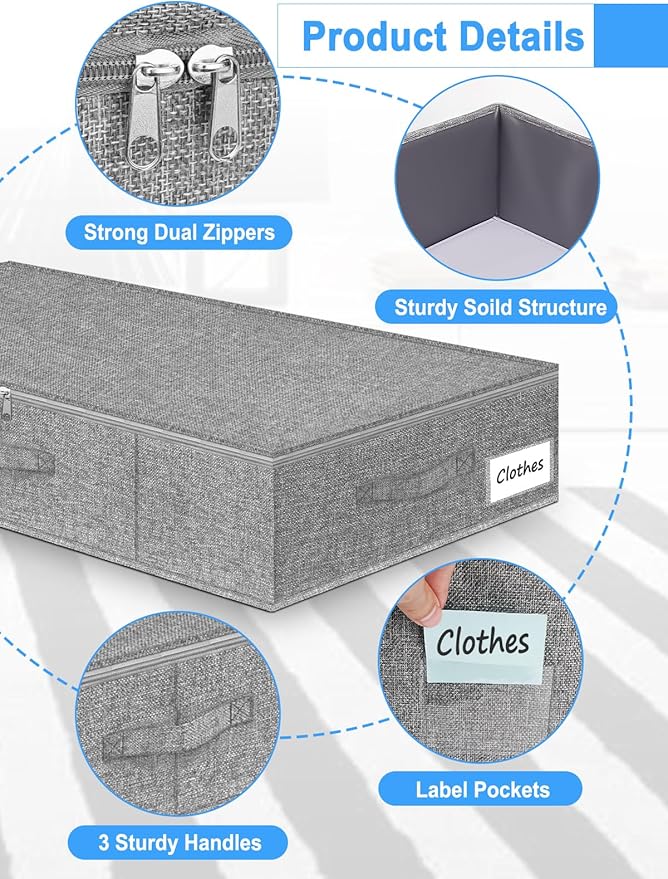 boailydi Under Bed Storage Container, 7" Tall Underbed Storage Bin with Rigid Sides & Bottom, Large Under-Bed Clothes Organizer with Zippered Lid for Bedroom, Dorm, Sofa, 30x15x6.7, Grey