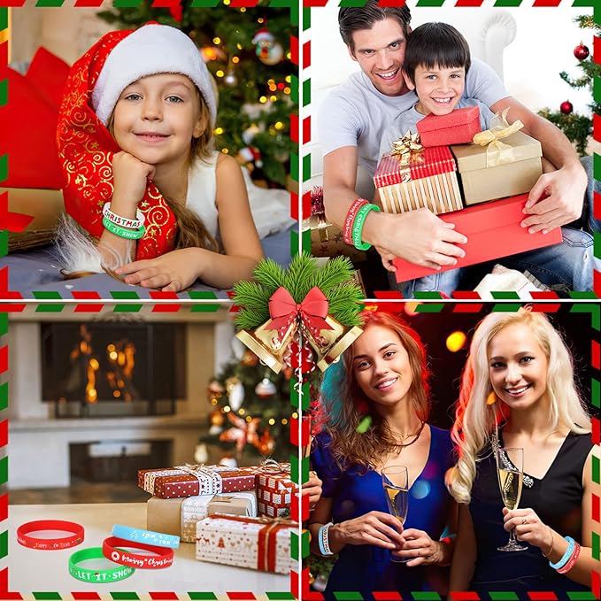 JUNEBRUSHS 42Pcs Christmas Silicone Bracelets, Rubber Wristbands Christmas Party Favors for Kids Decorations for Xmas Stocking Stuffers Wrist Band Accessories Gifts Supplies