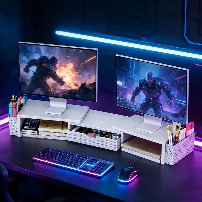 Spacrea Metal Desk Organizers and Accessories, Dual Monitor Stand Riser with Drawer and 2 Pen Holders, Desk Accessories & Workspace Desktop Organizers for Office Supplies (White)