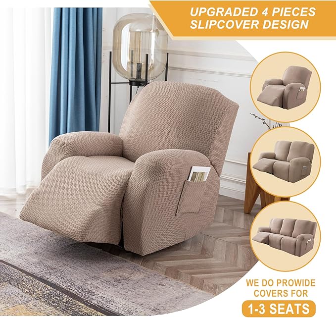 Genina Recliner Chair Covers, Stretch Reclining Chair Covers, Recliner Sofa Slipcovers Stripe Jacquard Lazy Couch Covers Furniture Protector Covers for Pet Kid (Taupe, 1 Seater)