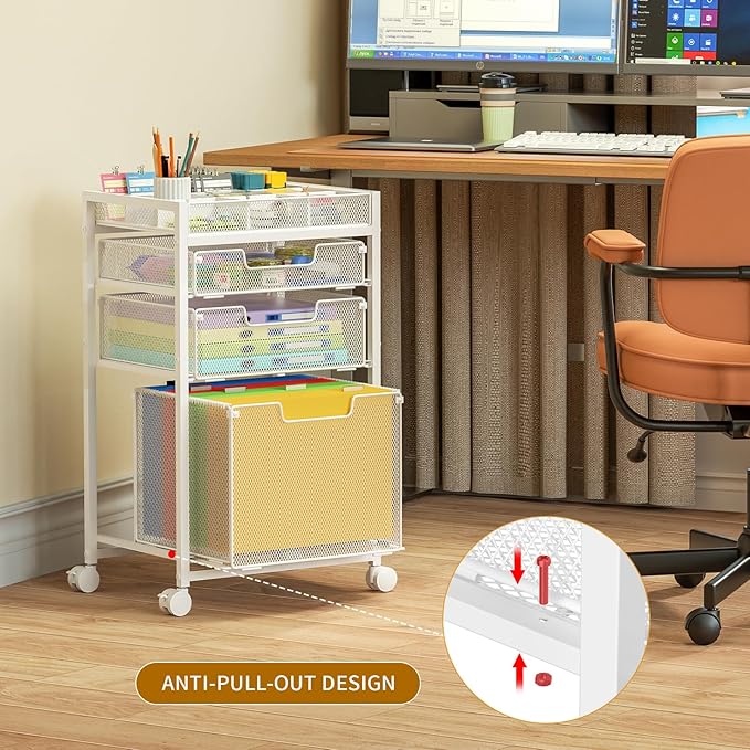 Rolling File Cart with 3 Storage Drawers, Under Desk Filing Cabinet with DIY Divider, Hanging File Folder Organizer on Wheels, Fits A4/Letter Size, Metal Utility Cart for Home Office, White