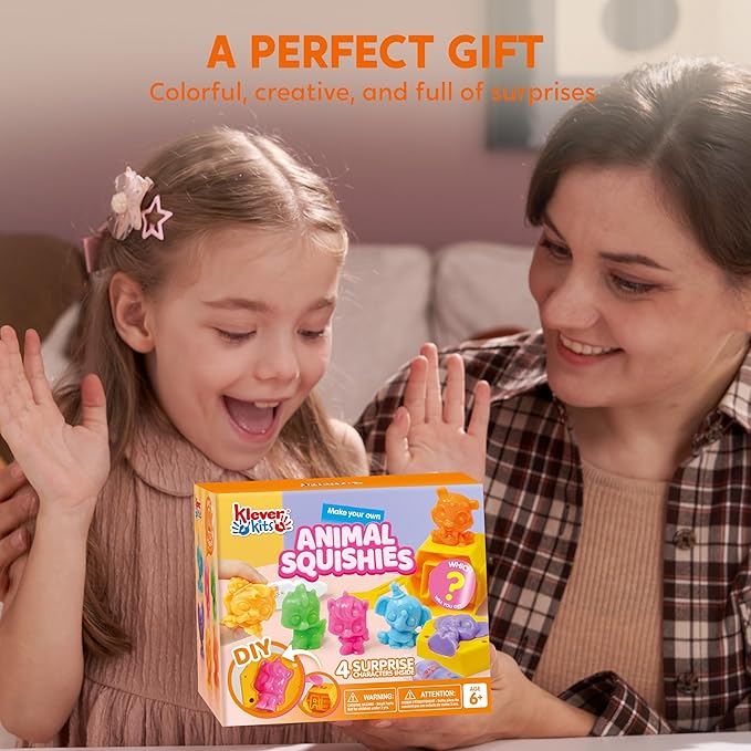 Klever Kits DIY Animal Squishies Kit, Mystery Box with 4 Surprise Characters Inside, Arts and Crafts, Squishy Toys for Kids Ages 6+