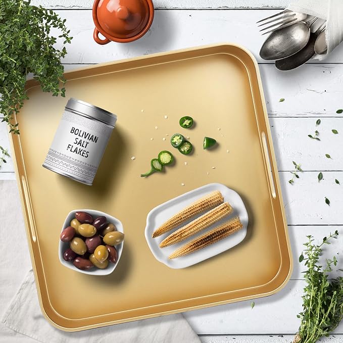 Omuriko Gold Square Decorative Tray with Handles, 13"*13" Versatile Serving Tray for Coffee Table, Ottoman, Ideal for Serving, Displaying, Organizing