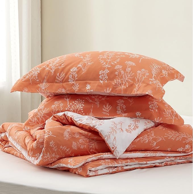 Bedsure Queen Comforter Set - Coral Orange Bed Set, 3 Pieces Cute Floral Bedding, 1 Soft Reversible Botanical Flowers Comforter and 2 Pillow Shams
