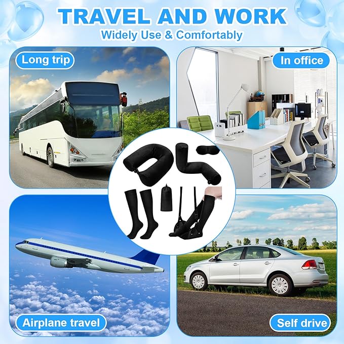 BreezeHug 4 Pcs Travel Comfort Kit with Memory Foam Travel Pillow Airplane Footrest Hammock 3D Contoured Eye Mask Compression Socks Neck Pillow for Car Flight Sleeping Support (Black)