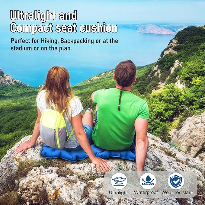 BreezCamp Inflatable Seat Cushion, Lightweight Stadium Seat Pad, Camping Accessories Chair Pad for Airplane Travel, Hiking, Climbing, Home and Office,Blue