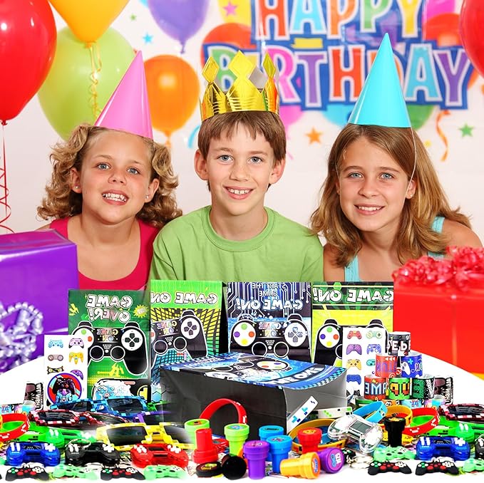 125Pcs Video Game Party Favors for Kids, with Goodie Bag Stuffers Includ Arcade Video Game Keychain Glasses Bracelets Stamps Tattoos Stickers etc, for Kids Boys Girls Birthday Party Favor Supplies