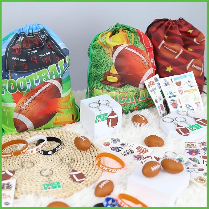 60pcs Football Party Favors, Football Goodie Bags Football Gift Bags Stuffers for Boys Includes Drawstring Bags Bracelet Keychain Tattoo Stickers Mini Football for Football Birthday Party Supplies