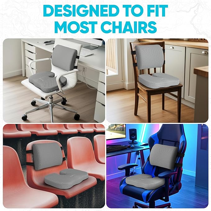 FORTEM Seat Cushion, Office Chair Cushion, Lumbar Support Pillow for Office Chair, Memory Foam Sciatica Coccyx Tailbone Pressure Pain Relief, Car Sitting Pad, Washable Non Slip