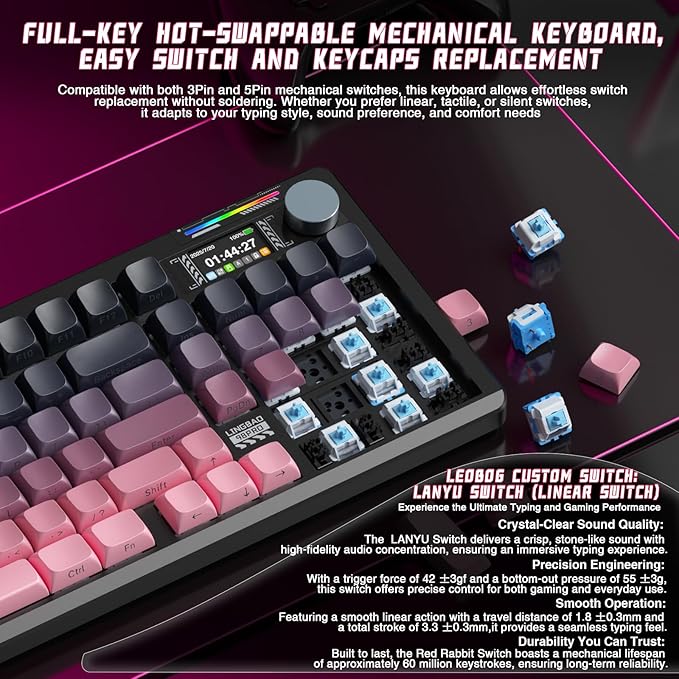 LINGBAO K98 PRO Mechanical Keyboard Wireless, with Screen & Knob,RGB Gaming Keyboard, Tri-Mode BT5.0/2.4GHz/USB-C, Gasket Mount Hot-Swappable Linear Switches Gamer Keyboards for PC/Mac/Linux/Android