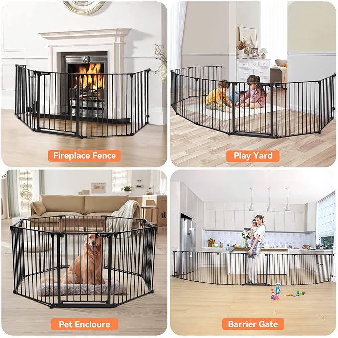 COMOMY 198" Baby Gate Extra Wide, Dog Gate Pet Gate for House Stairs Doorways Fireplace, 3 in 1 Play Yard Child Safety Gate, Auto Close, Hardware Mounted (30" Tall, Black)